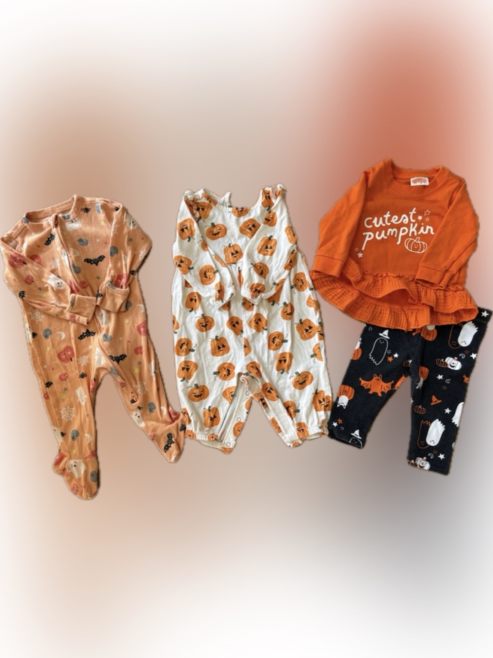 Halloween Baby GirlOutfit Bundle - Pumpkin & Ghost Prints (Orange, White, Black)